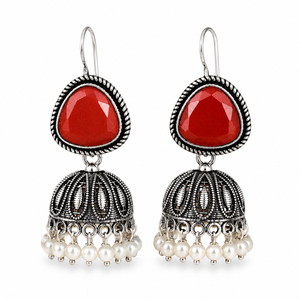 Oxidized <b>Silver</b> <b>Earrings</b> Orange Gemstone Indian Jhumka <b>Earrings</b> for Women - Product Image 1