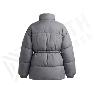 Women's Quilted Puffer Jacket Solid Gray Full Sleeve Stand Collar Zipper Closure Windproof Winter Coat Adjustable Waist - Product Image 2