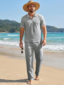 Conjunto Premium para Hombre, Camisa Polo Gris Acolchada y Pantalones, Ropa Deportiva Ligera y Transpirable, Estampado Sólido, Logotipo Frontal, Ropa de Verano - Product Image 3