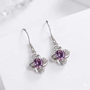 <b>Silver</b> Plated 14K Gold 925 Sterling <b>Silver</b> Natural Amethyst Gemstone Natural Diamond <b>Dangle</b> <b>Earrings</b> Clover Design Drop <b>Earrings</b> - Product Image 1
