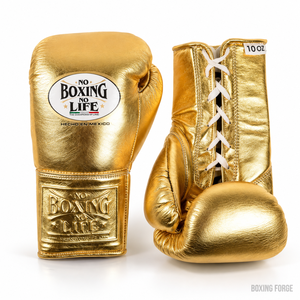 Gants de boxe No Boxing No Life en cuir blanc et or, à lacets, avec sangle de poignet réglable, pour adultes, gants d'entraînement, fabriqués au Mexique. - Product Image 1