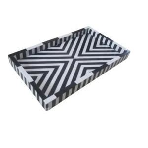 Plateau de service rectangulaire décoratif en bois gris avec incrustation d'os, fait main, motif chevron géométrique, pour table basse, ottoman, salon - Product Image 4