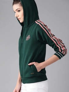Sweat-shirt à capuche vert pour femme, manches longues, logo brodé, lettres roses, rayures, en coton tricoté, pour l'automne - Product Image 1