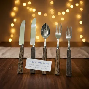 Real Natural Stainless Steel Handle American Style Back to School Flatware Handmade Cutlery Set with Salad Server Fork and Spoon - Product Image 3