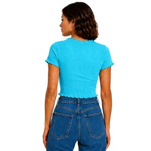 Turquoise Ribbed Crop <b>Top</b> <b>Women</b> Short Sleeve Lettuce Trim Crew Neck Cotton Spandex Slim Fit Casual Summer T Shirt Custom OEM - Product Image 2
