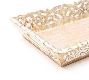 Mango Wood Andal Serving Tray with Handcard Design Whitewash Finished <b>Rustic</b> <b>Coffee</b> <b>Table</b> Kitchen - Product Image 3