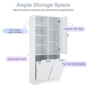 Mobiletto da Bagno Autoportante con Ante e Cassetti, Cesto Portabiancheria Ribaltabile Salvaspazio, Ripiani Aperti Multipli per Stoccaggio - Product Image 6