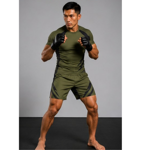 Conjunto de Camiseta y Pantalones Cortos de Spandex y Poliéster Verde Oliva con Detalles Negros para BJJ y Deportes Mixtos (MMA) - ¡Gran Venta! - Product Image 3