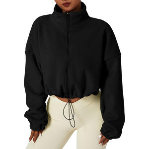 Sudadera Corta Oversize de Forro Polar Negro para Mujer con Cremallera, Cuello Alto, Hombros Caídos, Manga Larga, Color Sólido, Ideal para Otoño, Alta Demanda - Product Image 1