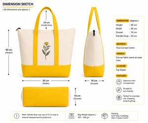 AMANI Two Tone Canvas <b>Medium</b> Tote Bag Zipper Shoulder <b>Handbag</b> Embroidered Flower Shopper for Beach Travel Gift - Product Image 2