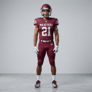 Ensemble uniforme de football Ma-Attiera Maroon numéro 21 avec casque, gants, maillot et pantalon respirants en polyester pour homme adulte - Product Image 1