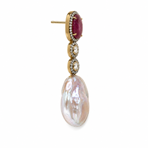 Luxury Baroque Mother Pearl <b>Drop</b> <b>Earrings</b> Natural <b>Red</b> Sapphire Polki Diamond CZ Long Dangle Minimalist 925 Silver Rhodium - Product Image 2