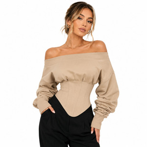Chemisier élégant pour femme à épaules dénudées et manches longues, style corset, avec dos lacé, design personnalisé, OEM ODM, couleur unie, haut tendance - Product Image 1