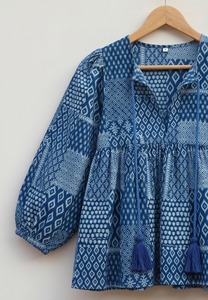 Indigo <b>Patchwork</b> Style Hand Block Print Women's Tank <b>Top</b> 100% Cotton Bohemian Ethnic Floral Lace Bow Casual - Product Image 4