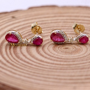 Boucles d'oreilles pendantes en or jaune massif 14 carats avec double perle de rubis naturel et halo de diamants, bijoux fins, Memoria Jewels - Product Image 2