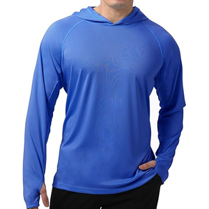 เสื้อเชิ้ตตกปลาผู้ชายสีน้ำเงิน แขนยาว มีฮู้ด ป้องกันแสงแดด UPF 50 แห้งเร็ว สีพื้น แบบสวมหัว - Product Image 1