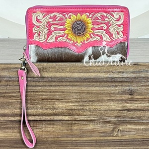 Premium Hand <b>Tooled</b> Cowhide <b>Leather</b> Wallet with Sunflower <b>Tooled</b> Design Zip Around Wristlet for Women Durable Clutch for Women's - Product Image 1