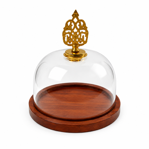 Round Glass Cloche With Wooden Base And Gold Ornament Classic Design For Food <b>Storage</b> <b>Kitchen</b> Use - Product Image 3