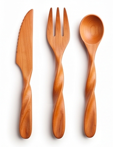 Ensemble de couverts en bois de 3 pièces avec manche torsadé en bois, poli à la main, design minimaliste, réutilisable pour le camping et les événements - Product Image 1