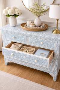 Indian Handmade Solid Wood <b>Sideboard</b> Flower Inlay <b>Storage</b> Cabinet Blue and White Bedroom Living Room Furniture - Product Image 2