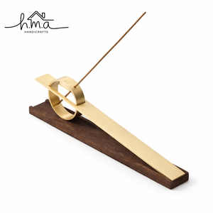 Modern Brass Incense Holder Ring Design with Wooden Base Long <b>Stick</b> Burner Ash Catcher Minimal Home Fragrance Decor - Product Image 1