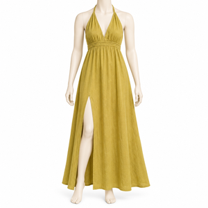 Robe longue bohème en lin vert olive, dos nu, avec lien ajustable, taille élastique, fente latérale, tenue de plage estivale |   Élégantes Femmes - Product Image 1