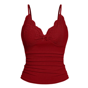 Camiseta sin mangas de encaje acanalado para mujer, cuello en V, elástica, ajustada, suave, transpirable, informal, para verano, color rojo vino - Product Image 3