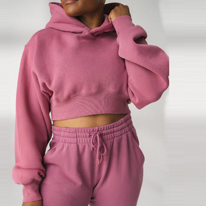 Women's Fleece Cropped Pullover Hoodie Peach <b>Pink</b> Front Pocket Matching Sweatpants <b>Tracksuit</b> Set - Product Image 6