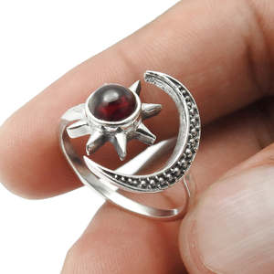 Wholesale Price 925 Sterling Silver <b>Ring</b> Comes With Sun And <b>Moon</b> Design Studded With Brilliant Round Cut Garnet Gemstone - Product Image 2