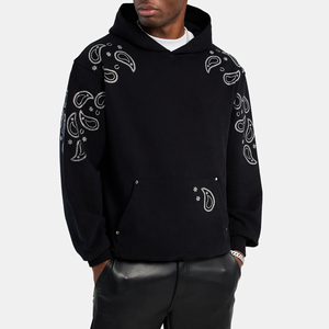Sudadera con Capucha Negra Extra Grande para Hombre con Bordado Paisley Blanco, Estilo Urbano, Corte Regular, Tejido de Algodón, Ropa de Otoño - Product Image 1