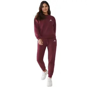 Sweatshirt warna Burgundy baju olahraga wanita katun fleece setelan olahraga kasual wanita pabrik kustom