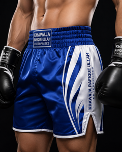 Khawaja Rafique Ullah Enterprises Boxing <b>Shorts</b> <b>Men</b> Blue <b>White</b> Sublimation Print Breathable Regular Fit Martial Arts - Product Image 1
