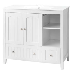 Mobile da Bagno Bianco in MDF con Doppia Anta 91*46*82cm Senza Lavabo Verniciato a Spruzzo con Strisce Decorative e Doppi Cassetti - Product Image 2
