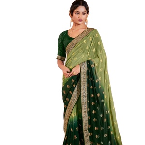 Colección de Saris de Seda Georgette de Dos Tonos con Trabajo de Tejido para Mujeres Indias y Pakistaníes - Product Image 1