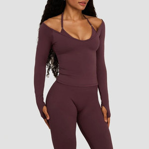 Manufacturer Workout Tight <b>Top</b> Women <b>Off</b> <b>Shoulder</b> Deep Neck Pattern Activewear Sports Training <b>Long</b> <b>Sleeve</b> Thumb Hole <b>Top</b> - Product Image 1