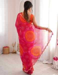 Sari Tradicional Bordado Bandhani de Georgette para Mujer KV con Blusa Reversible de Secado Rápido y Sin Arrugas (Rosa) - Product Image 6