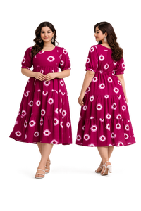 Magenta Solid Eco-Friendly Vintage Floor-Length Dress Short Sleeve Cotton Bohemian Neck Fit and Flare Plus Size Party Wear - Product Image 6