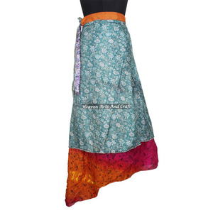 *Hot* Vintage Indian Two Layer <b>Boho</b> Hippie Long Length Magic Silk Wrap <b>Skirt</b> 2 Layer Reversible Magic Silk Saris Wrap Long <b>Skirt</b> - Product Image 4