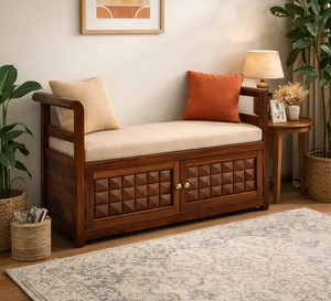 Banco de Almacenamiento Tallado en Madera Maciza |   Sofá de Entrada Tapizado con Patrón de Pirámide 3D |   Muebles de Salón al por Mayor - Product Image 6