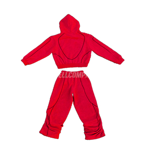 Men <b>Red</b> Hooded Sweatsuit Set Full Zip Sweatshirt and Jogger Pants Solid Color Casual Loose Fit Sweatsuit - Product Image 2
