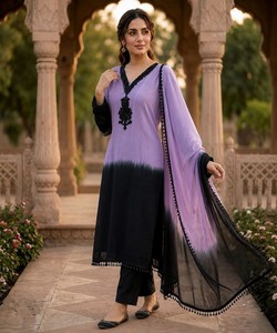 <b>Women</b> Traditional Purple Black Ombre <b>Kurta</b> Set Viscose Ethnic Wear India Pakistan Casual 86553 SHIVAM- PADMA - Product Image 2