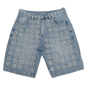 Short en jean taille haute avec strass, bleu délavé, style décontracté d'été - Product Image 1