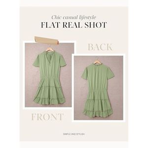 Abito Mini Estivo da Donna in Chiffon Verde con Scollo a V Ampio, Maniche Corte, Stile Casual con Balze e Linea ad A - Product Image 4
