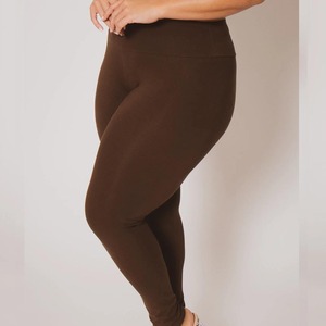 High Waisted Full Length Solid Brown <b>Leggings</b> Plus Size Stretch Knitted Spandex <b>Nylon</b> Women's Basic All Seasons Wear - Product Image 2