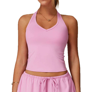 Women's 100% Cotton Knitted Solid Color Halter Neck <b>Crop</b> Tank <b>Top</b> Hip Hop Style Eco-Friendly Breathable Green - Product Image 1