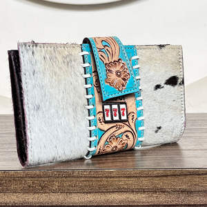 Trending Vintage Hand Tooled Genuine Cowhide Leather Clutch With Floral Pattern Jackpot Design Ladies Western Purse for Women's - Product Image 4