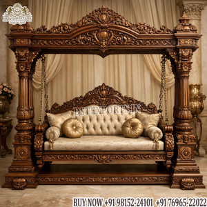 ชิงช้าไม้สไตล์อิตาลีสุดหรูสำหรับบ้านอินเดีย ขายดี โครงสร้างเสาคู่ รองรับได้ 3 คน สีวอลนัทเข้ม จูลา อเมริกา - Product Image 2