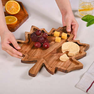 Wooden Maple Leaf Serving Tray Rustic Cheese Fruit <b>Platter</b> Reusable Charcuterie Board - Product Image 2