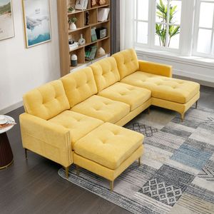 Divano Componibile a L Convertibile da 110 Pollici con Pouf Mobile per Soggiorno, Appartamento o Ufficio - Giallo - Product Image 5