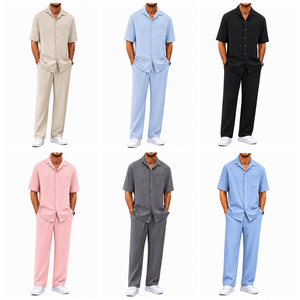Men's Summer Casual Short Sleeve Button <b>Down</b> Shirt and <b>Pants</b> Set Lightweight Vertical Stripe Relaxed Fit Two Piece Outfit - Product Image 5